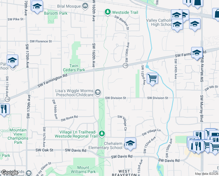 map of restaurants, bars, coffee shops, grocery stores, and more near 15825 Southwest Division Street in Beaverton