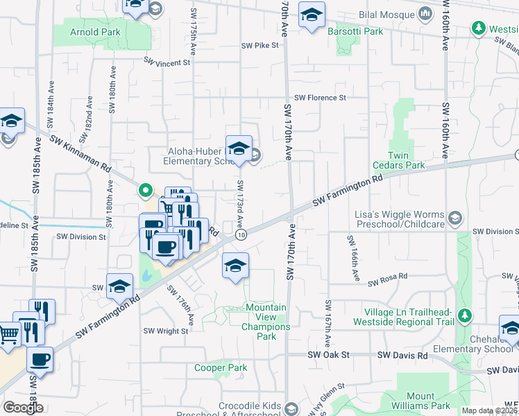 map of restaurants, bars, coffee shops, grocery stores, and more near 17095 Southwest Farmington Road in Beaverton