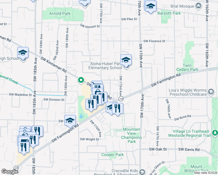 map of restaurants, bars, coffee shops, grocery stores, and more near 5280 Southwest 174th Terrace in Beaverton