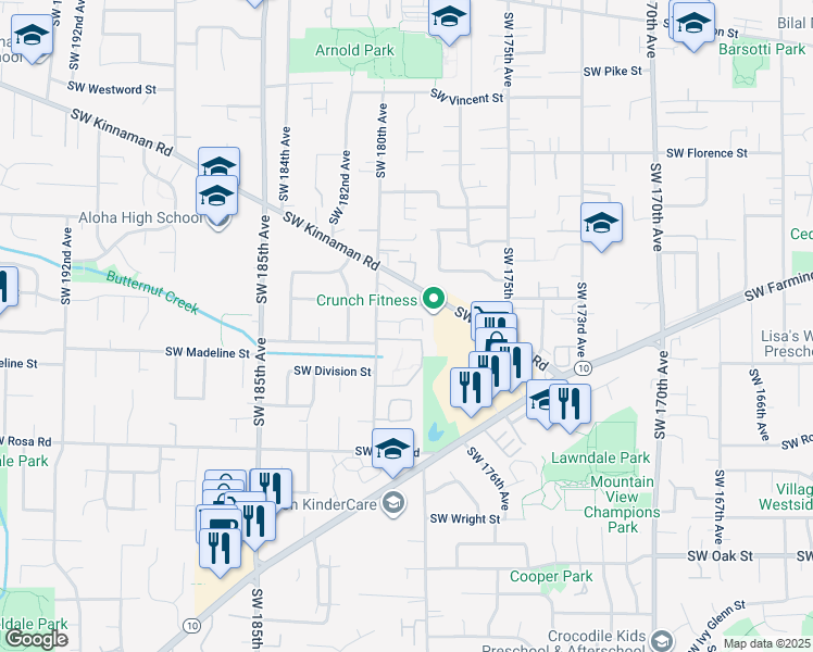 map of restaurants, bars, coffee shops, grocery stores, and more near 5410 Southwest 180th Avenue in Aloha