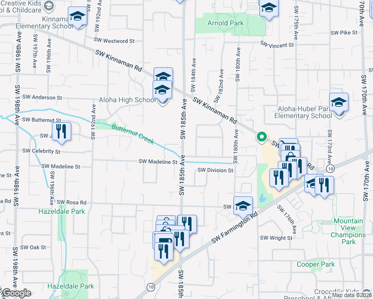 map of restaurants, bars, coffee shops, grocery stores, and more near 18450 Southwest Madeline Street in Aloha