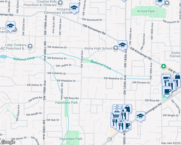map of restaurants, bars, coffee shops, grocery stores, and more near 19105 Southwest Madeline Street in Beaverton