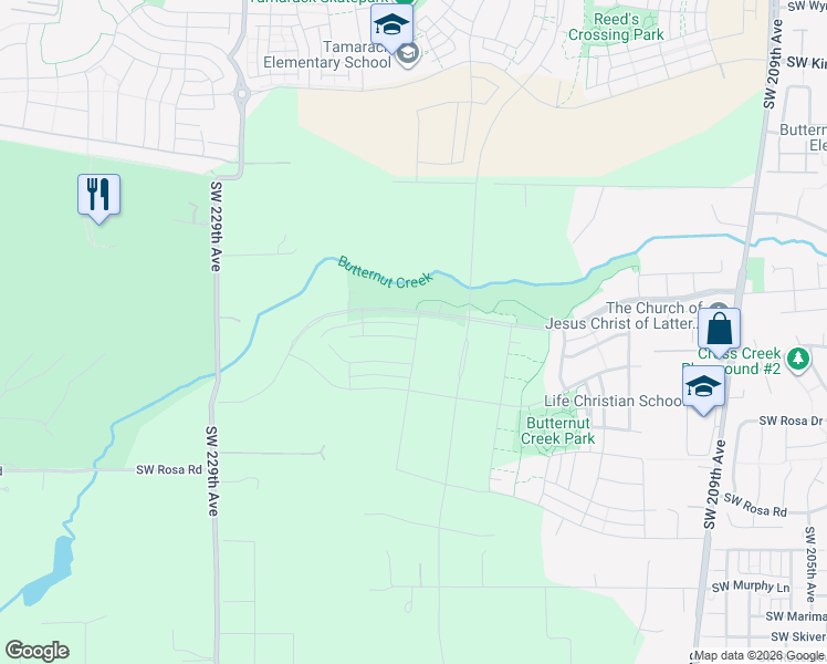 map of restaurants, bars, coffee shops, grocery stores, and more near 5496 Southwest 229th Avenue in Beaverton