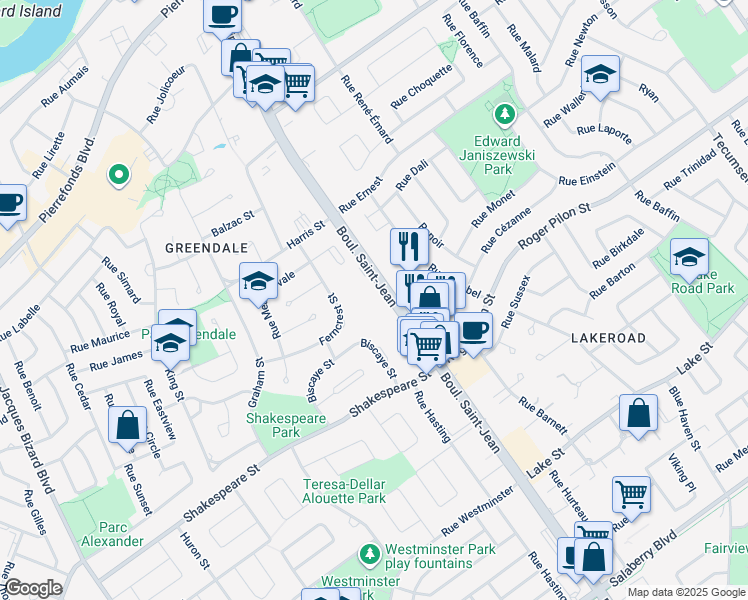 map of restaurants, bars, coffee shops, grocery stores, and more near in Dollard-Des Ormeaux