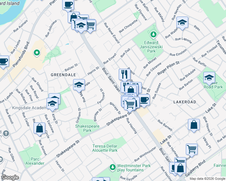 map of restaurants, bars, coffee shops, grocery stores, and more near in Dollard-Des Ormeaux