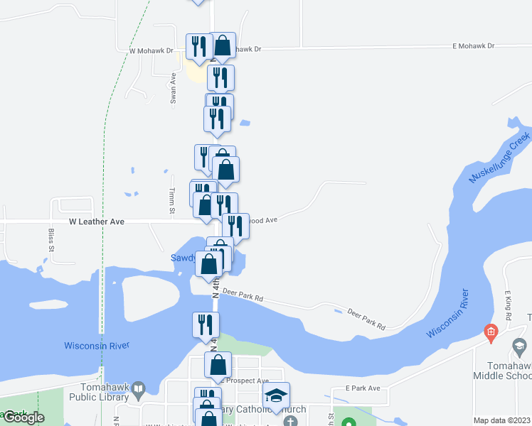 map of restaurants, bars, coffee shops, grocery stores, and more near 44 East Birchwood Avenue in Tomahawk