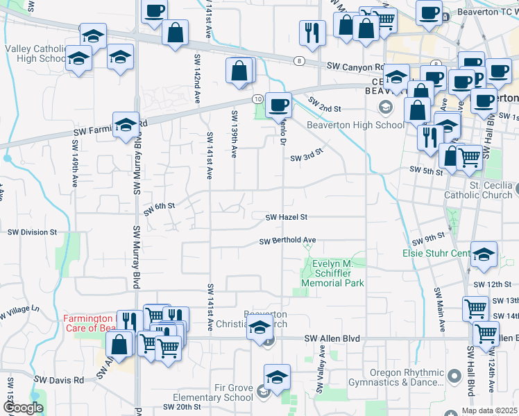 map of restaurants, bars, coffee shops, grocery stores, and more near 13735 Southwest Hazel Street in Beaverton