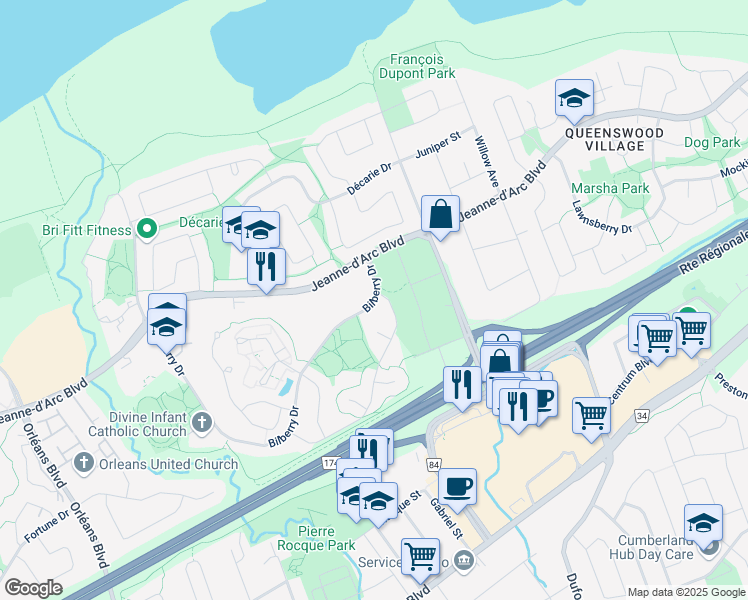 map of restaurants, bars, coffee shops, grocery stores, and more near 6981 Bilberry Drive in Ottawa