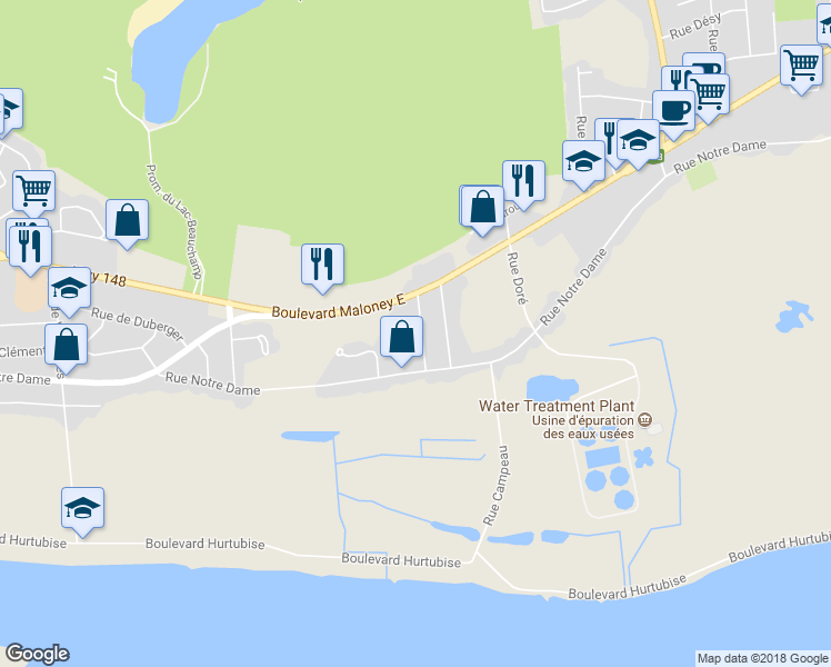 map of restaurants, bars, coffee shops, grocery stores, and more near 70 Rue Chamberland in Gatineau