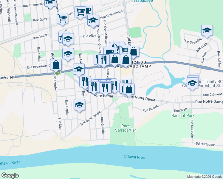 map of restaurants, bars, coffee shops, grocery stores, and more near 140 Rue Leo-Smith in Gatineau