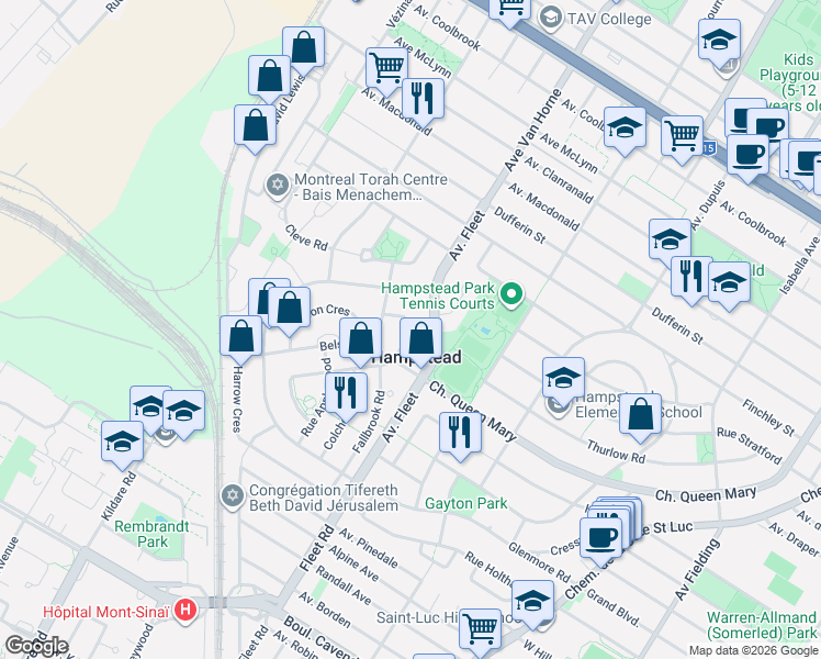 map of restaurants, bars, coffee shops, grocery stores, and more near 12 Rue Holly in Hampstead