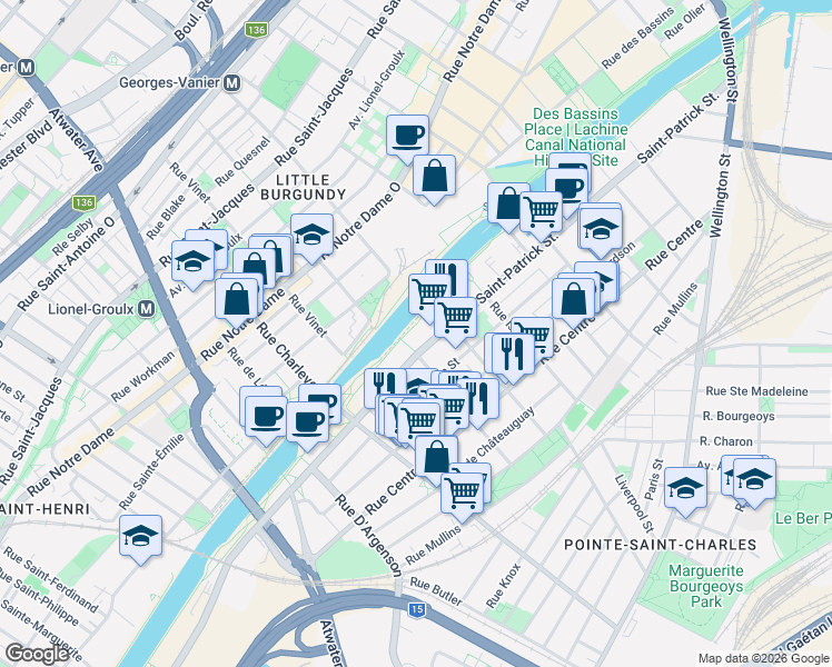map of restaurants, bars, coffee shops, grocery stores, and more near 2365 Rue Saint-Patrick in Montréal