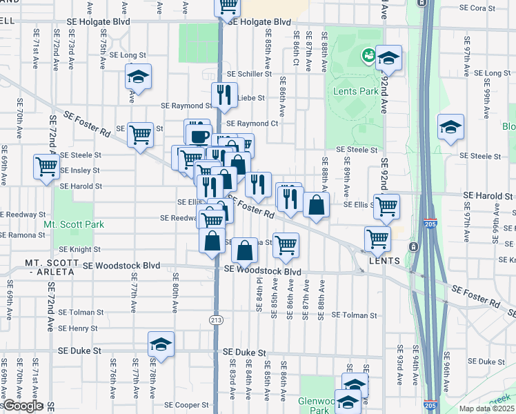 map of restaurants, bars, coffee shops, grocery stores, and more near 8462 Southeast Ellis Street in Portland
