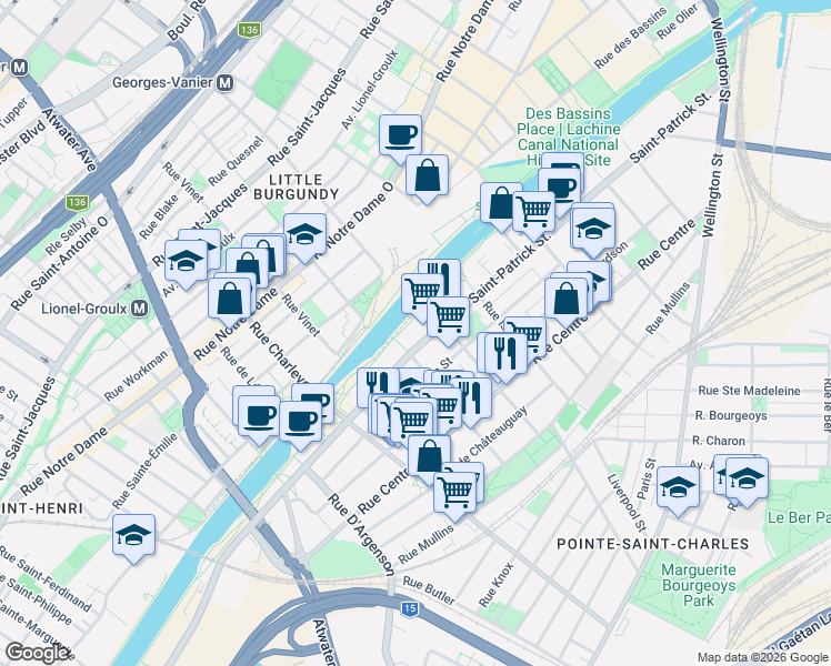 map of restaurants, bars, coffee shops, grocery stores, and more near 2365 Saint-Patrick Street in Montrã©Al