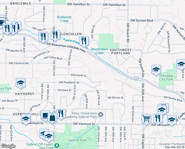 map of restaurants, bars, coffee shops, grocery stores, and more near 3822 Southwest Cullen Boulevard in Portland