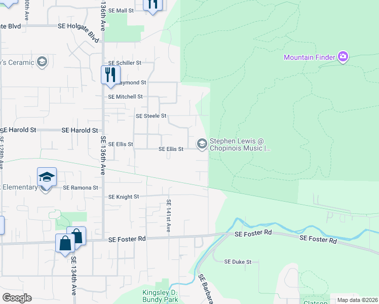 map of restaurants, bars, coffee shops, grocery stores, and more near 14126 Southeast Ellis Street in Portland