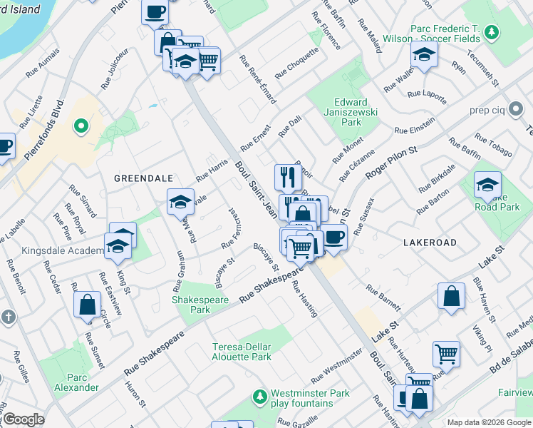 map of restaurants, bars, coffee shops, grocery stores, and more near 4400 Boulevard Saint-Jean in Dollard-des-Ormeaux