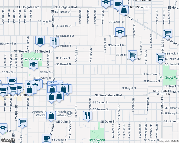map of restaurants, bars, coffee shops, grocery stores, and more near 5617 Southeast 60th Avenue in Portland