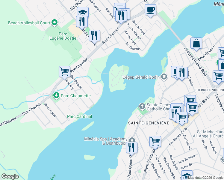 map of restaurants, bars, coffee shops, grocery stores, and more near 10 Rue in Montréal