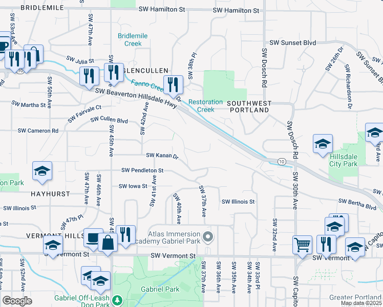 map of restaurants, bars, coffee shops, grocery stores, and more near 3822 Southwest Cullen Boulevard in Portland