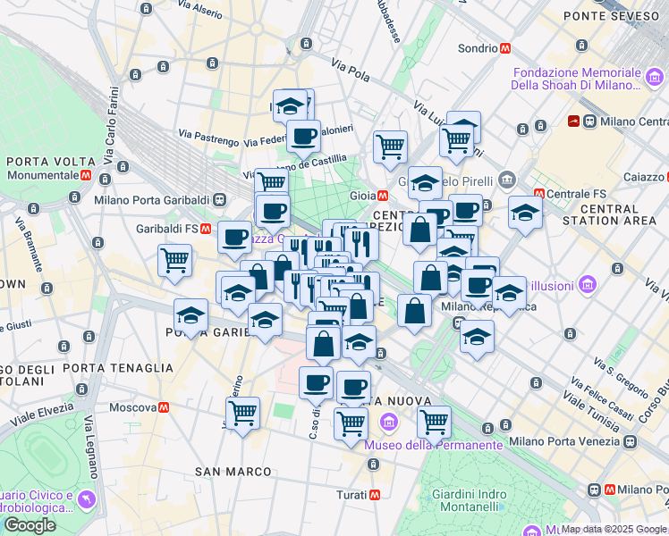 map of restaurants, bars, coffee shops, grocery stores, and more near 12 Via Amerigo Vespucci in Milano