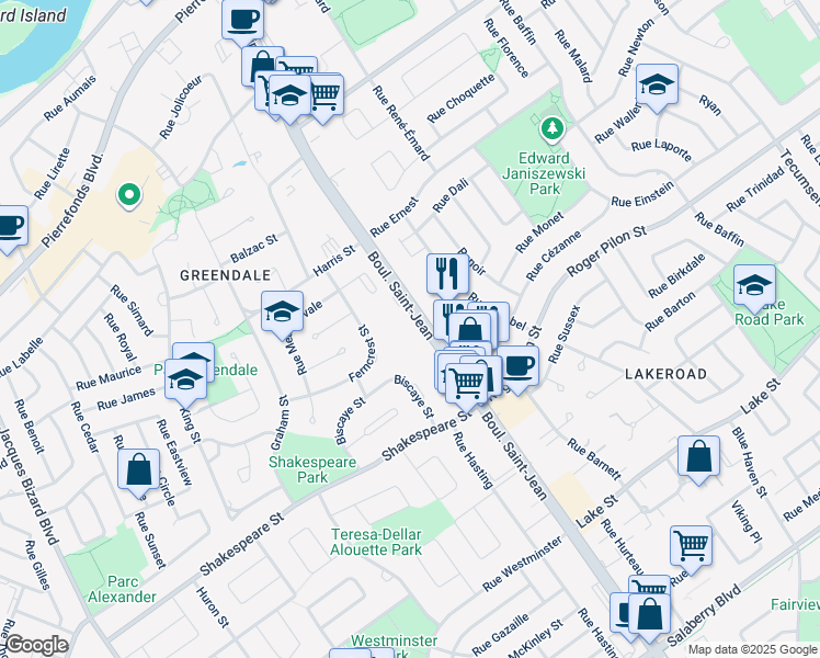 map of restaurants, bars, coffee shops, grocery stores, and more near in Dollard-Des Ormeaux
