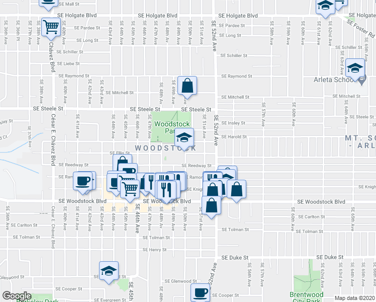 map of restaurants, bars, coffee shops, grocery stores, and more near 5530 Southeast 50th Avenue in Portland