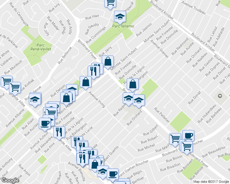 map of restaurants, bars, coffee shops, grocery stores, and more near 5025 Rue de la Légion in Longueuil