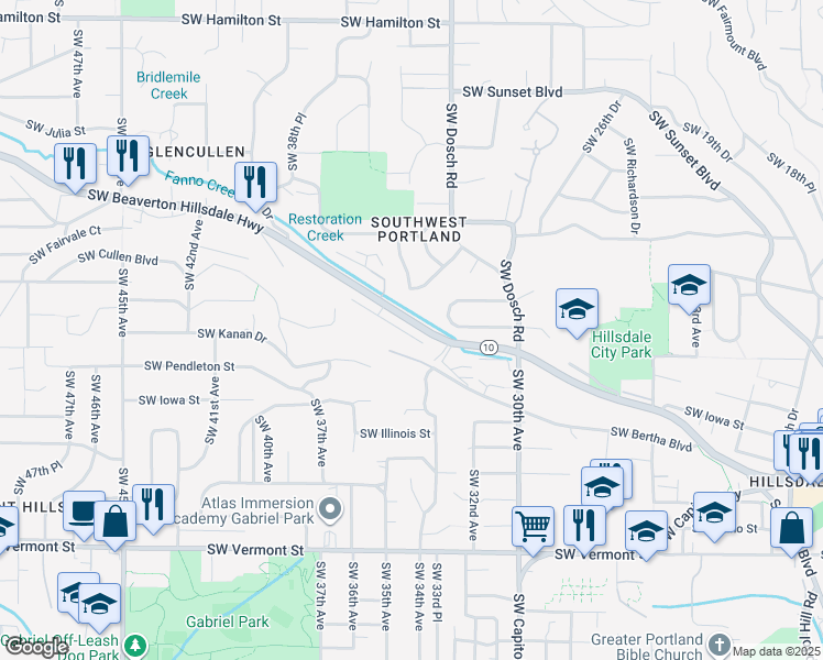 map of restaurants, bars, coffee shops, grocery stores, and more near 3388 Southwest Beaverton Hillsdale Highway in Portland