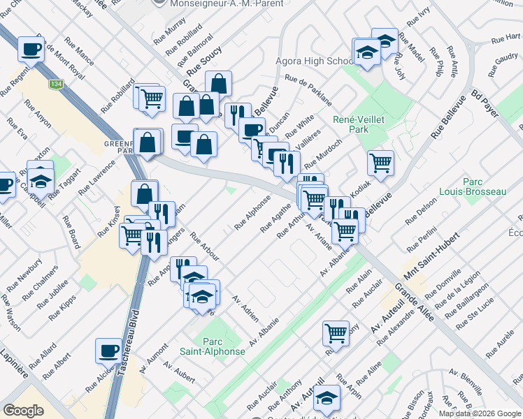 map of restaurants, bars, coffee shops, grocery stores, and more near 5705 Rue Alphonse in Brossard