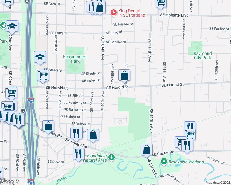 map of restaurants, bars, coffee shops, grocery stores, and more near 10508 West Steele Street in Portland