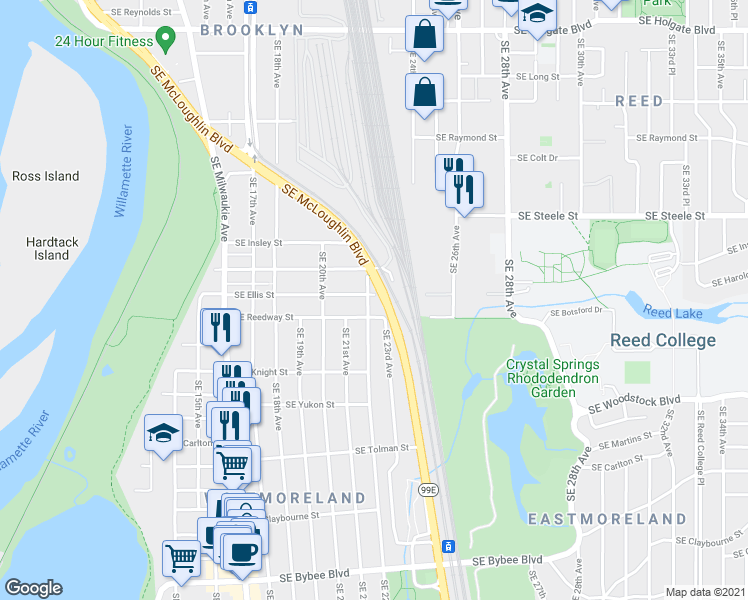 map of restaurants, bars, coffee shops, grocery stores, and more near 5704 Southeast 22nd Avenue in Portland
