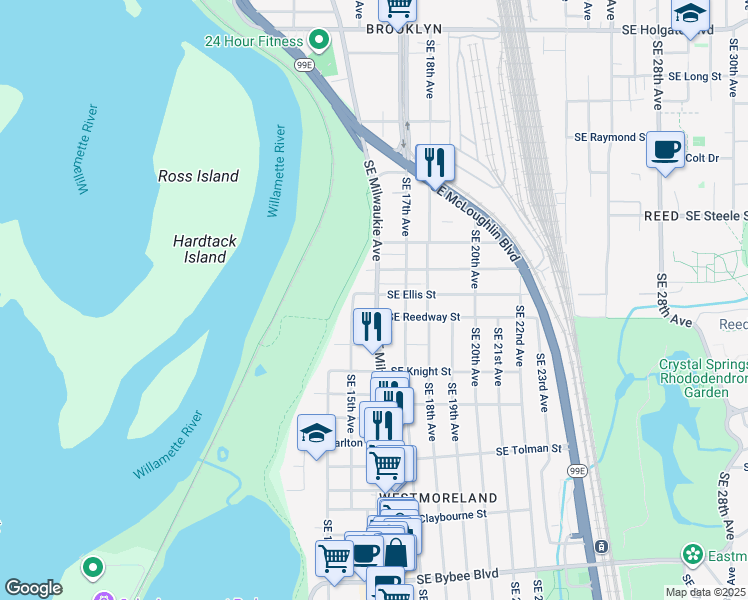 map of restaurants, bars, coffee shops, grocery stores, and more near 5714 Southeast 15th Avenue in Portland