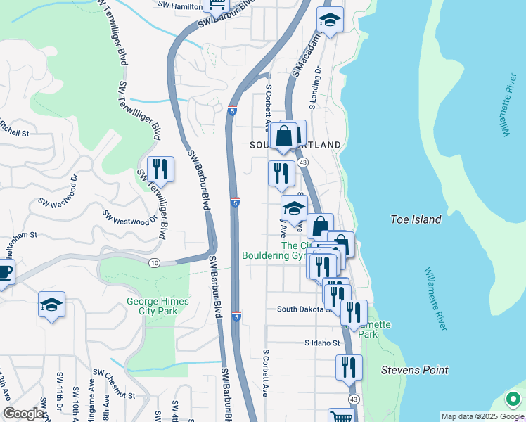 map of restaurants, bars, coffee shops, grocery stores, and more near 5825 South Corbett Avenue in Portland