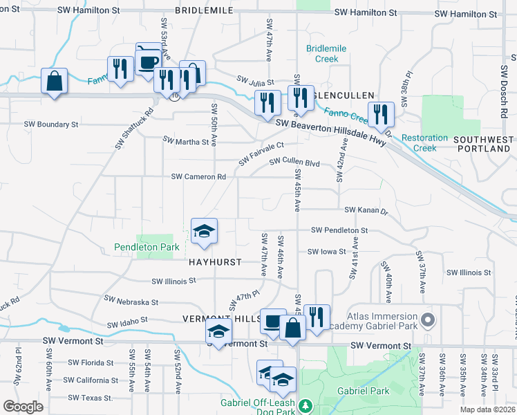 map of restaurants, bars, coffee shops, grocery stores, and more near 4707 Southwest Pendleton Street in Portland