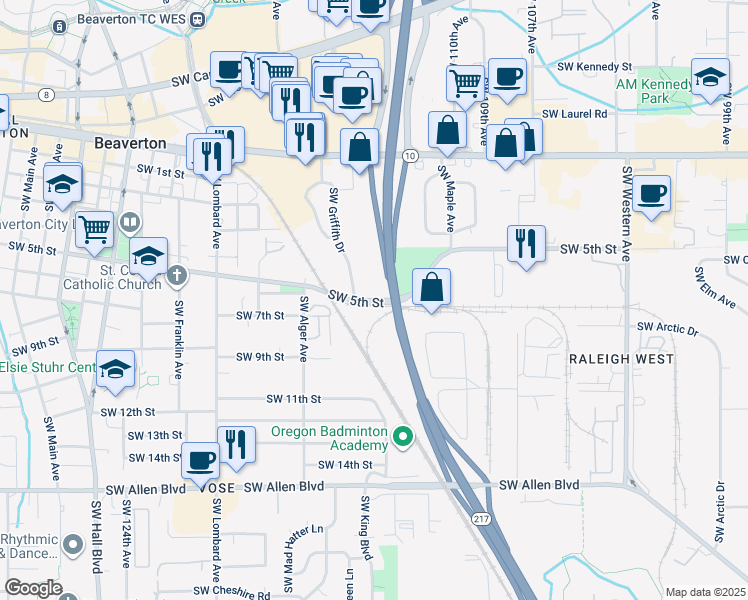 map of restaurants, bars, coffee shops, grocery stores, and more near Beaverton Tigard Hwy in Beaverton