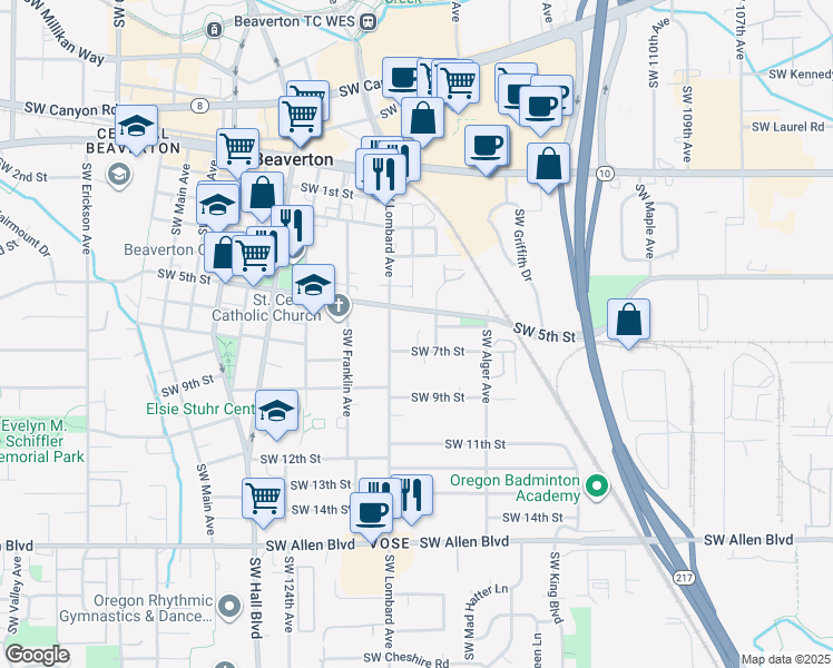 map of restaurants, bars, coffee shops, grocery stores, and more near 11850 Southwest 7th Street in Beaverton
