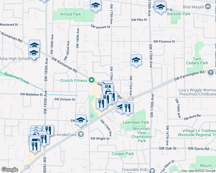 map of restaurants, bars, coffee shops, grocery stores, and more near 17455 Southwest Farmington Road in Aloha
