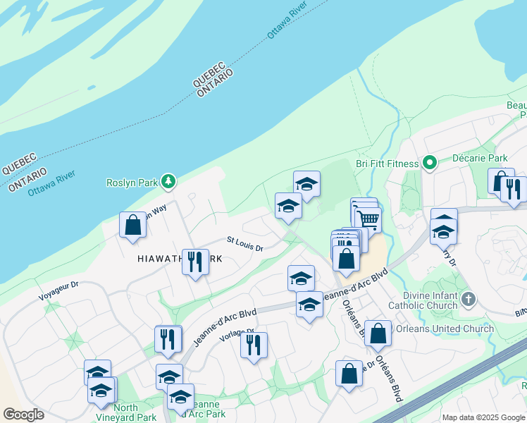 map of restaurants, bars, coffee shops, grocery stores, and more near 750 Saint Andre Drive in Ottawa