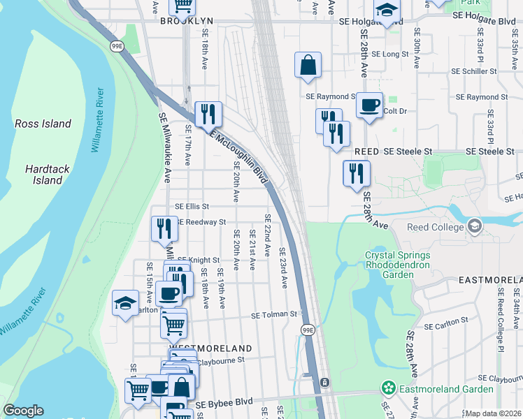 map of restaurants, bars, coffee shops, grocery stores, and more near 2122 Southeast Ellis Street in Portland