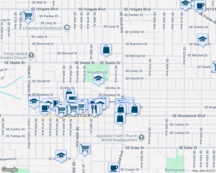 map of restaurants, bars, coffee shops, grocery stores, and more near 5013 Southeast Ellis Street in Portland
