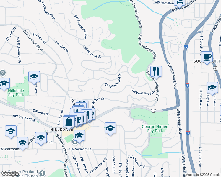 map of restaurants, bars, coffee shops, grocery stores, and more near 955 Southwest Westwood Drive in Portland