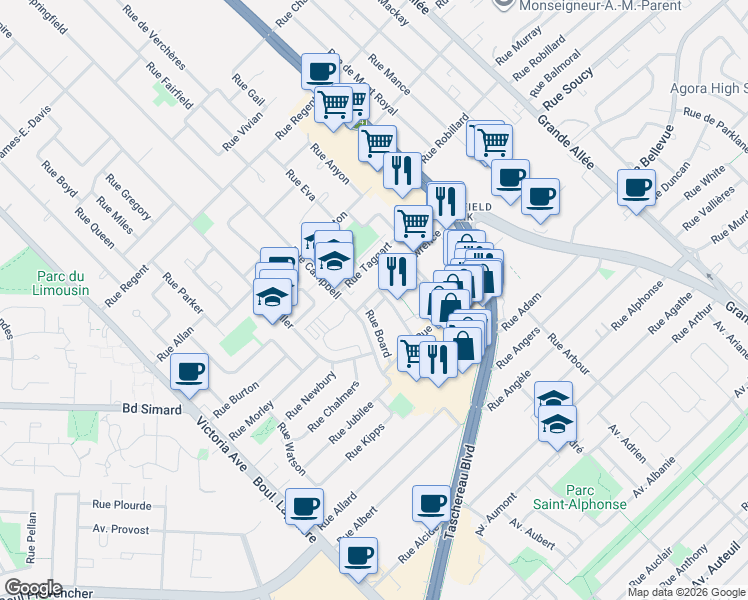 map of restaurants, bars, coffee shops, grocery stores, and more near 225 Rue Lawrence in Longueuil