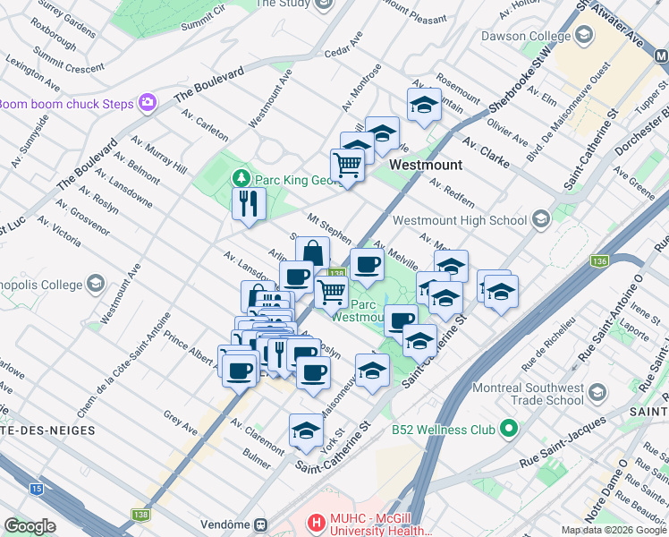map of restaurants, bars, coffee shops, grocery stores, and more near in Westmount