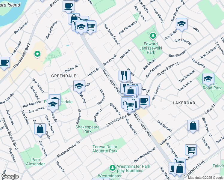 map of restaurants, bars, coffee shops, grocery stores, and more near in Dollard-Des Ormeaux