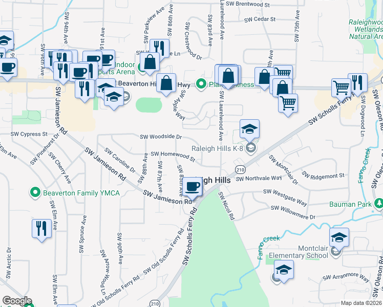 map of restaurants, bars, coffee shops, grocery stores, and more near 8425 Southwest Homewood Street in Portland