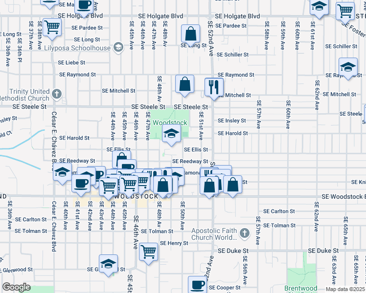 map of restaurants, bars, coffee shops, grocery stores, and more near 5530 Southeast 50th Avenue in Portland