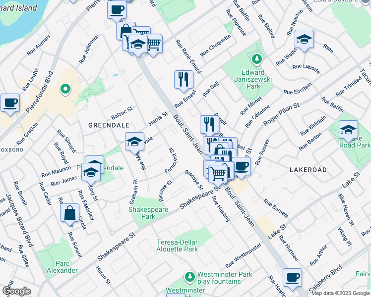 map of restaurants, bars, coffee shops, grocery stores, and more near in Dollard-Des Ormeaux
