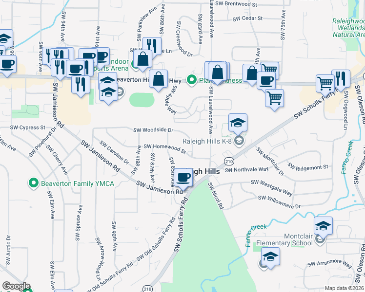 map of restaurants, bars, coffee shops, grocery stores, and more near 8425 Southwest Homewood Street in Portland