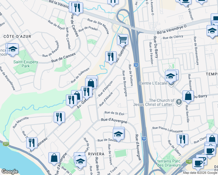 map of restaurants, bars, coffee shops, grocery stores, and more near 20 Rue d'Alençon in Gatineau